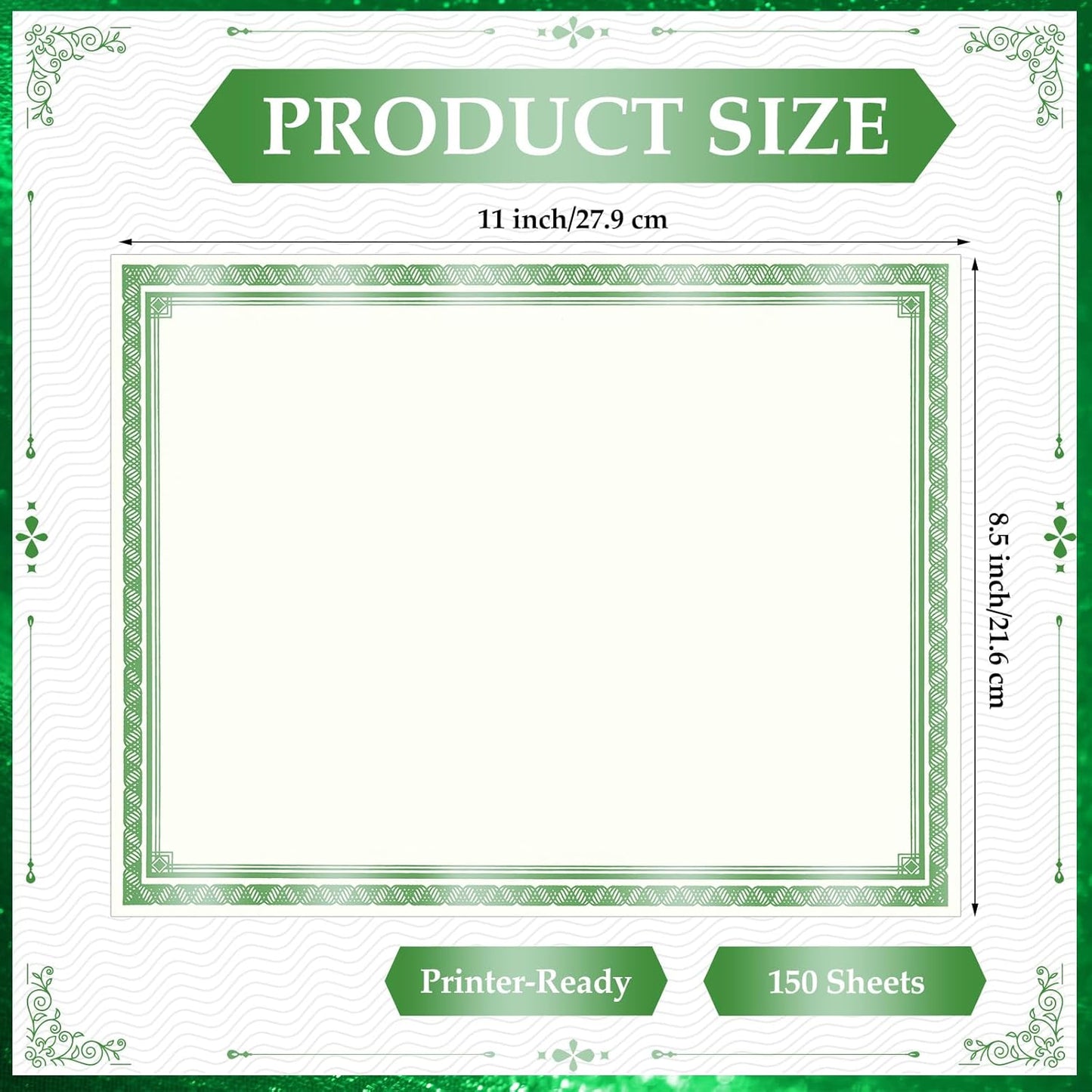 150 Sheets Foil Award Border Certificate Papers 8.5 x 11 for Printing Blank Customizable Awards Certificates for Graduation Diploma Achievement Scholarship Business Employee Document (Green)