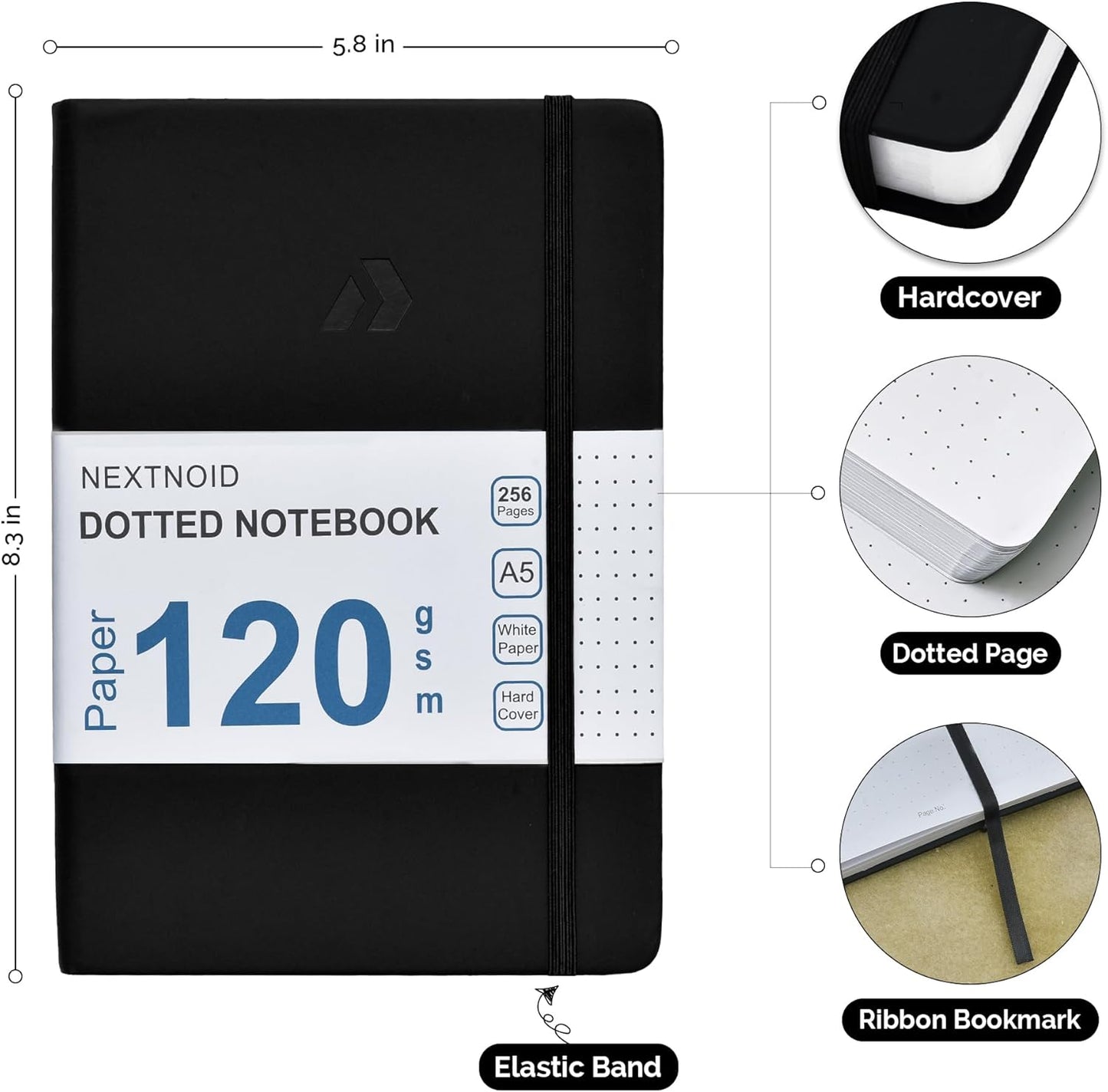 Nextnoid Hardcover Dotted Journal Notebook - 120 GSM Thick Paper, Medium A5-256 Pages - Perfect For Handwriting, Diagrams, Note-Taking and To-Do Lists (Dot, Black)