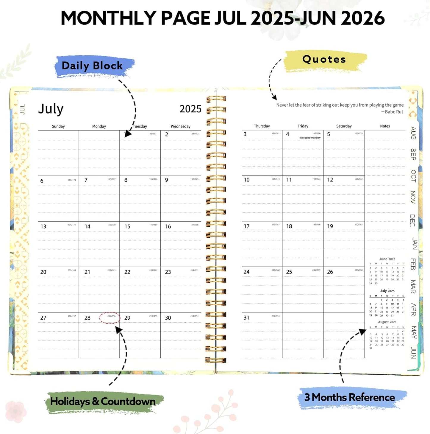 2025-2026 Academic Planner, A5 (6.5" x 8.5") Weekly and Monthly Planner, July 2025 - June 2026, Calendar Planner with Tabs, Inner Pocket for Home School Office Supplies, Yellow Flower
