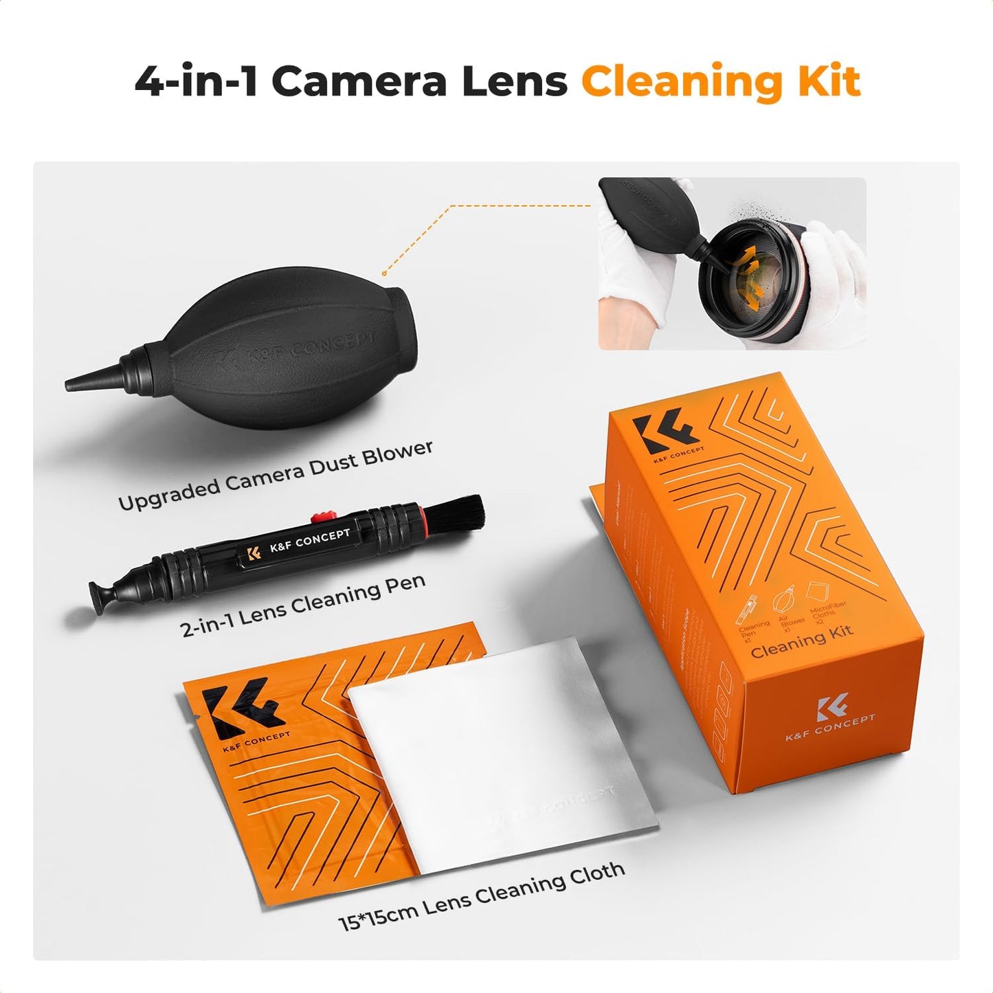 K&F Concept 4-in-1 Camera Cleaning Kit with Lens Brush Pen, Rocket Air Blower, Microfiber Cleaning Cloth, Lens Cleaner Kit for Canon Nikon Pentax Sony DSLR Cameras Cleaning Tool Accessories