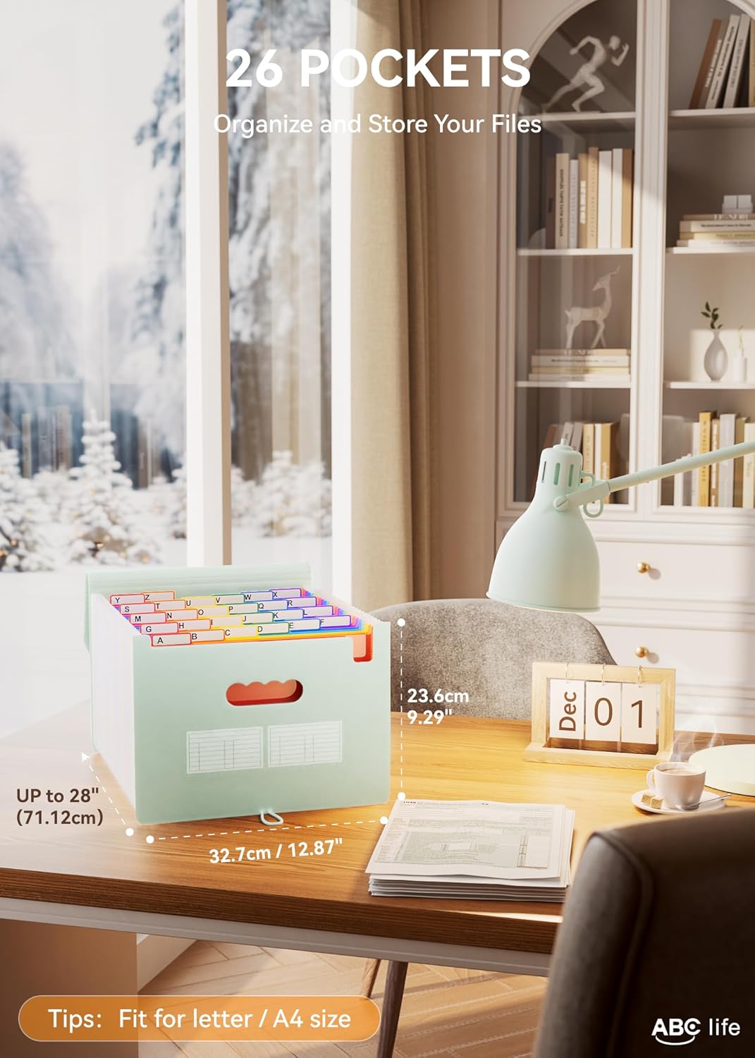 ABC life 26 Pockets Accordian File Organizer Expanding File Folders, Portable Letter A4 Size Filing Box,Plastic Monthly Receipt Document Organizer with Colored Tabs (Sage Green)