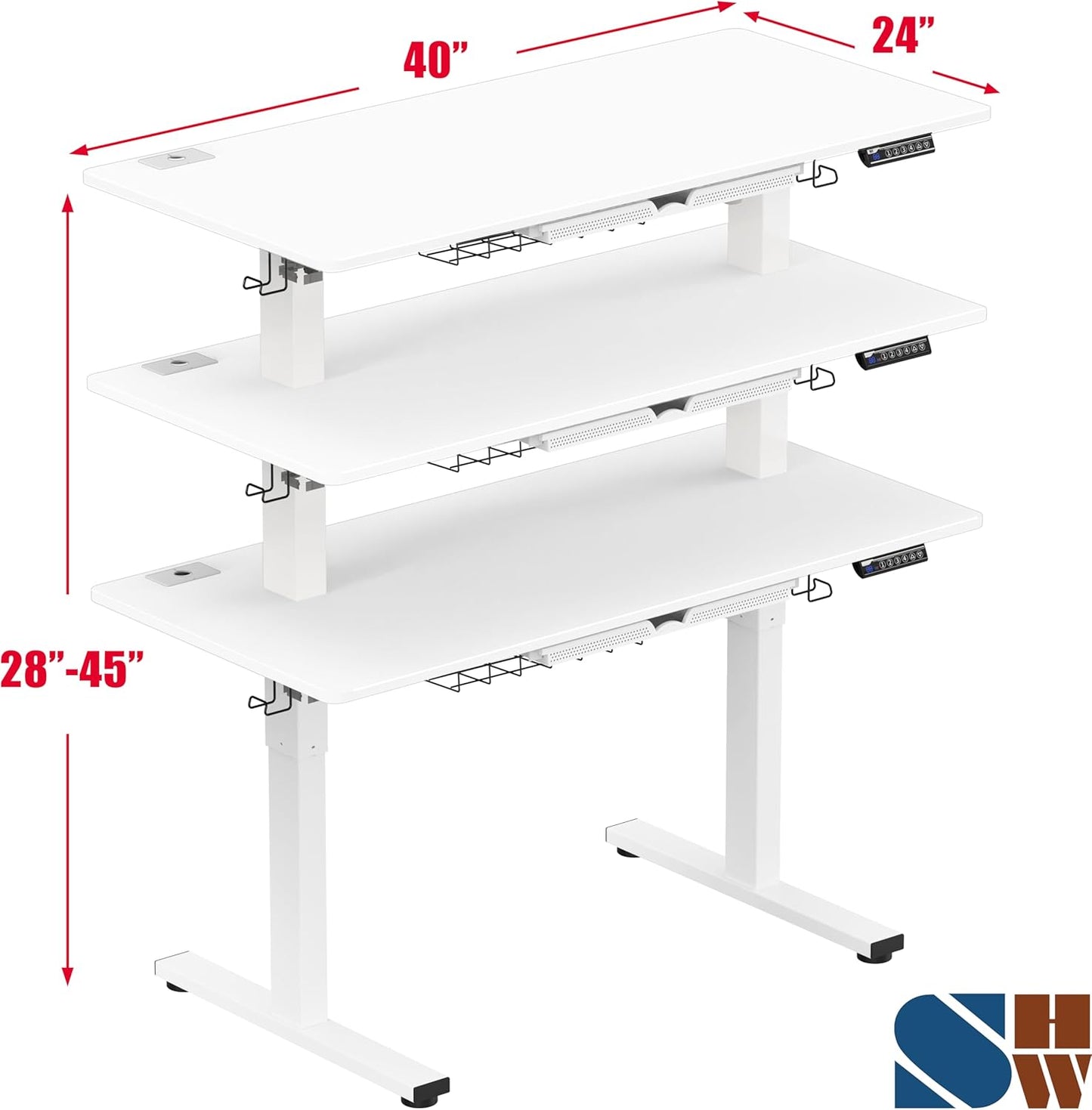 SHW 40-Inch Electric Height Adjustable Standing Desk with Drawer, Memory Preset and Cable Management Tray, White