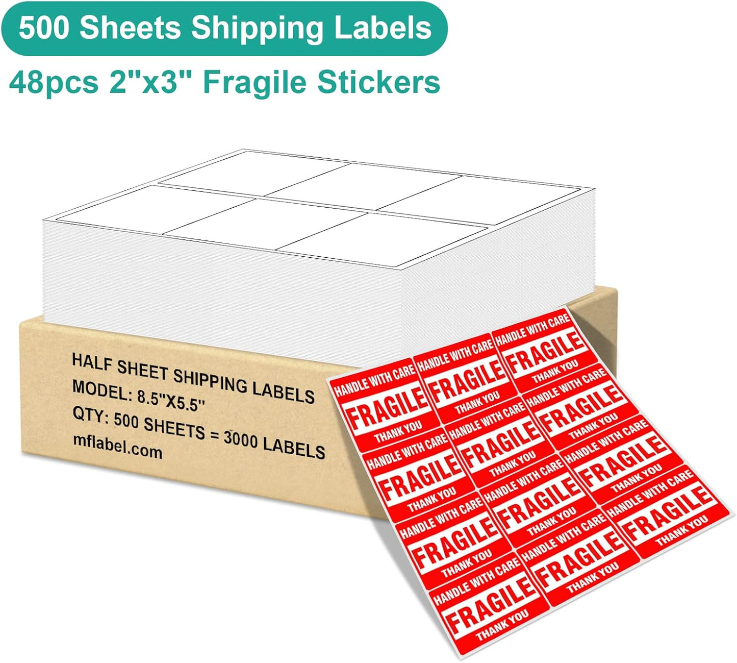 MFLABEL 3.33"x4" FBA Shipping Labels 6-UP - 500 Sheets (3000 Labels!) | Industrial Adhesive for Cardboard/Glass | Laser/Inkjet Certified + Free 48 Fragile Stickers
