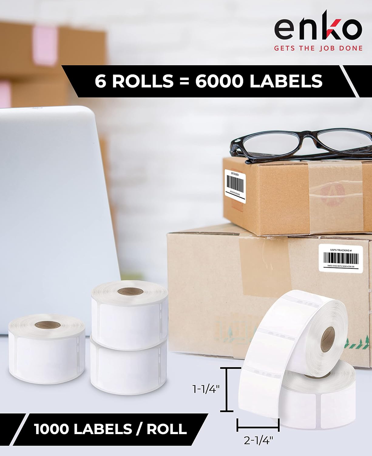 enKo (6 Rolls / 6000 Labels) 30334 Dymo Compatible Multipurpose Barcode (1-1/4" x 2-1/4")
