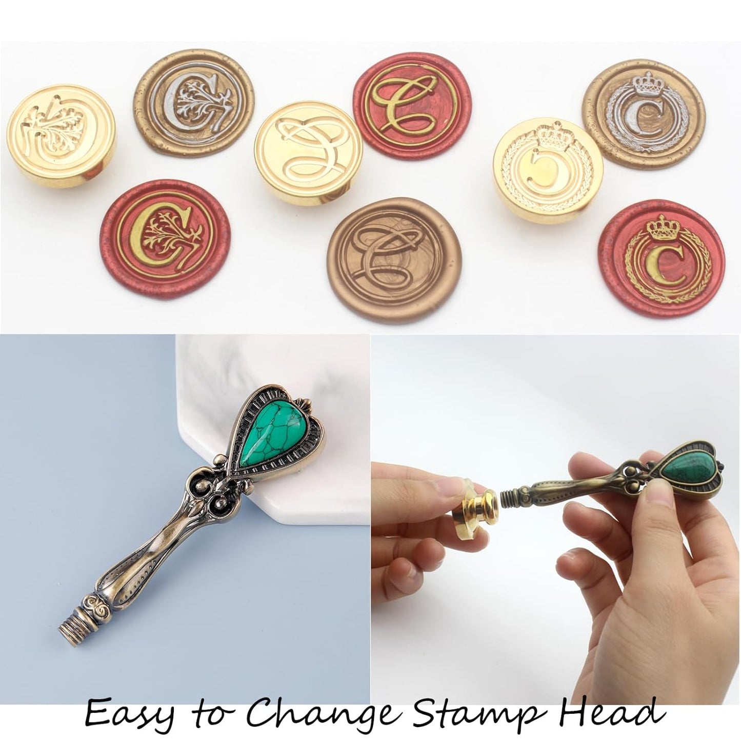 Letter Wax Seal Kit with Initial Alphabet C Wax Seal Stamp Head 3pcs, Pearl White and Vintage Gold Stamp Sealing Beads, Spoon, Metallic Gold & Silver Pen, Vintage Gift Box Set