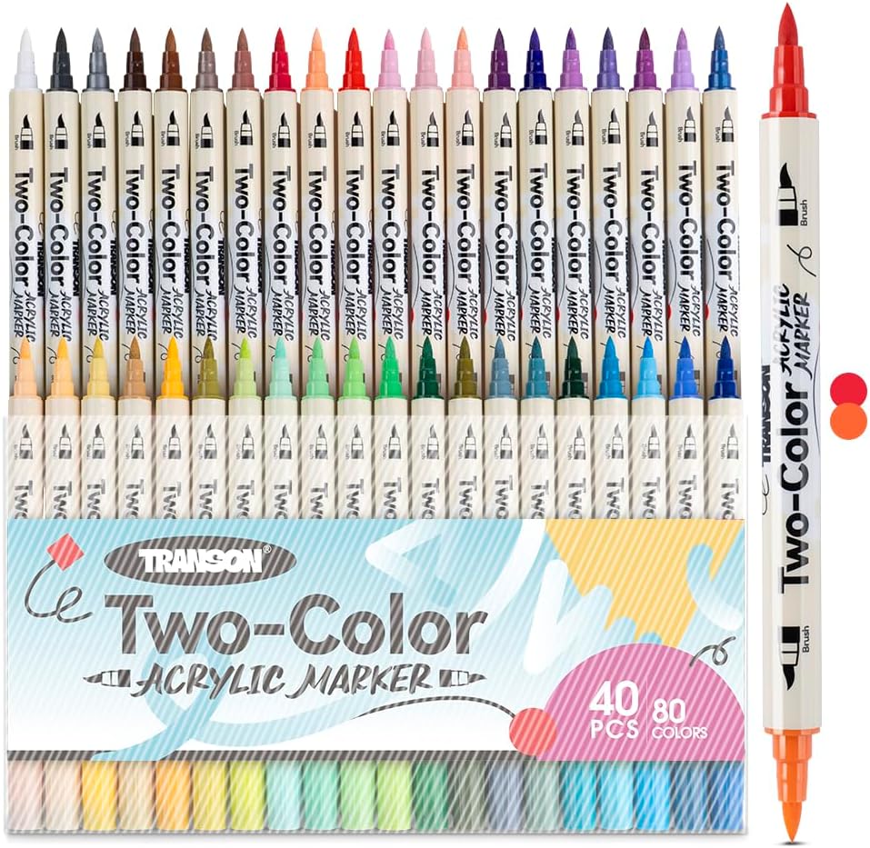 TRANSON 80 Colors Acrylic Paint Marker Set, 40 Pieces of Dual-color Acrylic Paint Pens with Brush Tips Versatile for Craft Painting, Drawing, Rock Painting, DIY, Paint on Most Surfaces