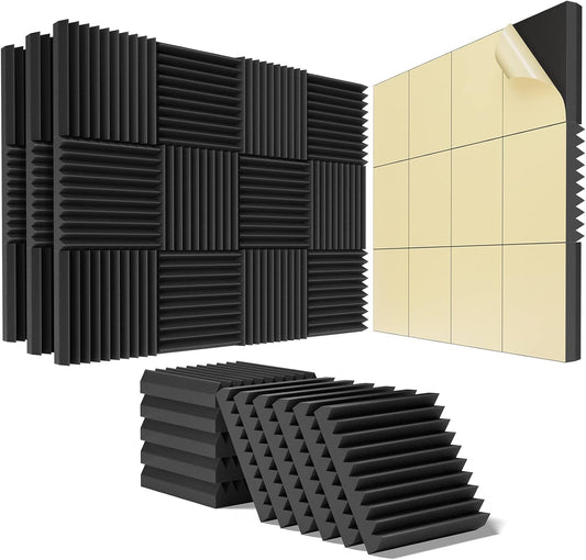 48 Pack Sound Proof Foam Panels for Walls,2" X 12" X 12"Self-Adhesive Foam Acoustic Panels Sound Absorbing,High Density Quick-Recovery Soundproof Wall Panels -Black