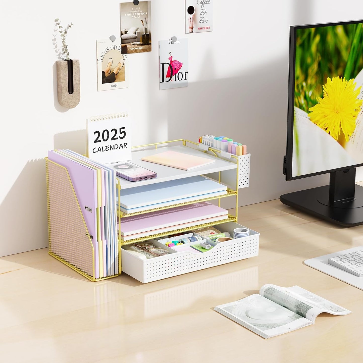 Wood Desk Organizers and Accessories with File Holder, 4-Tier Desk Accessories & Workspace Organizers with Drawer and Pen Holder, Paper Organizer for Office Supplies (Gold)