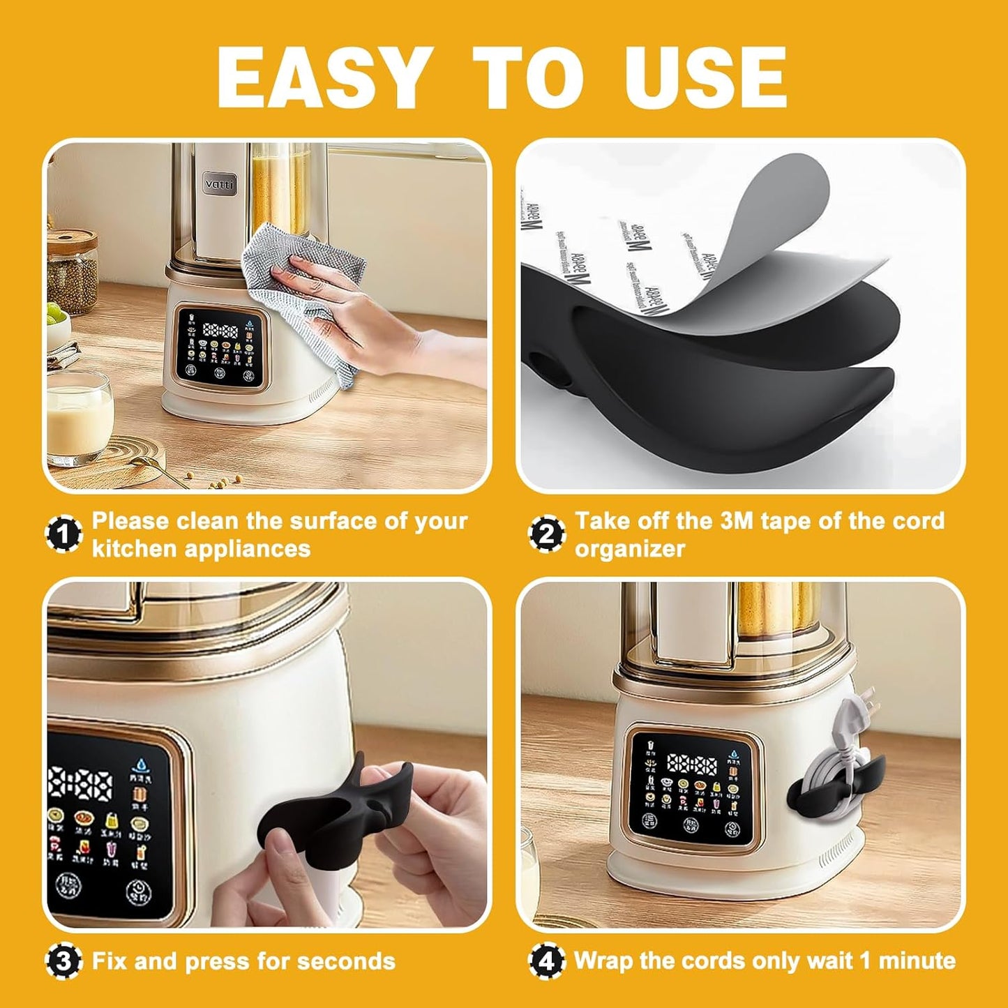 Cord Organizer for Kitchen Appliances, 4 Pack Black Appliance Cord Organizer, Command Hooks, Cord Wrapper, Cord Keeper, Cord Holder Stick On Kitchenaid Mixer, Instant Pot, Pressure Cooker