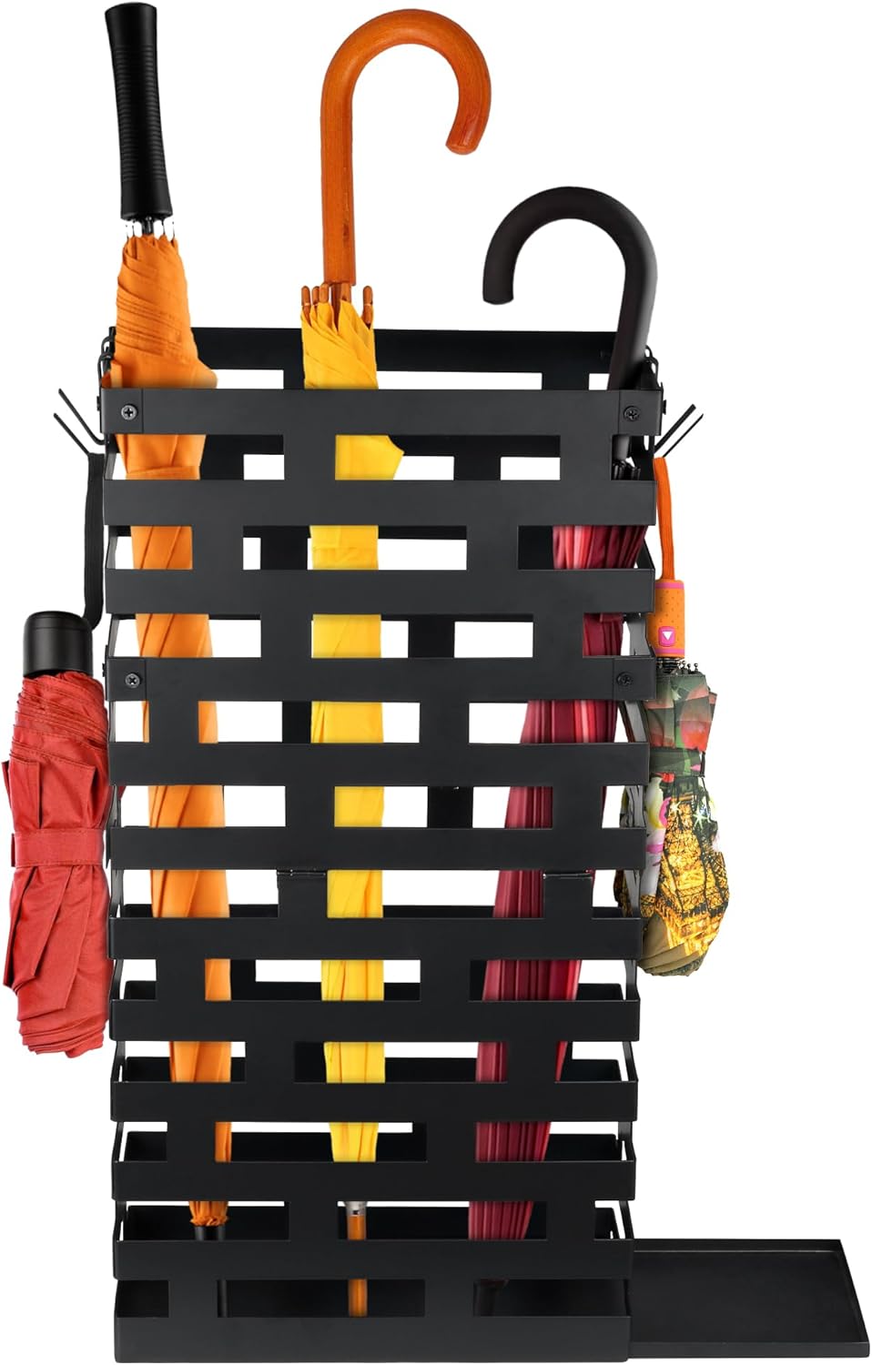 23 Inch Umbrella Holder for Indoor Entryway, Large Metal Umbrella Stand with Removable Water Tray and Hooks, Umbrella Rack Storage for Home, Office, Hotel