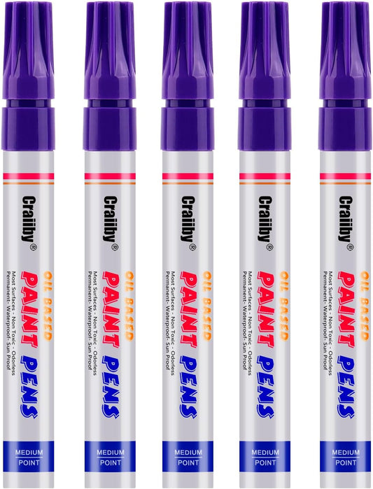 Purple Paint Markers, 5 Pack Oil-Based Waterproof Quick Dry Permanent Paint Pen Set for Rocks Painting, Wood, Fabric, Plastic, Canvas, Glass, Mugs, Metal, Tire, Stone, DIY Craft