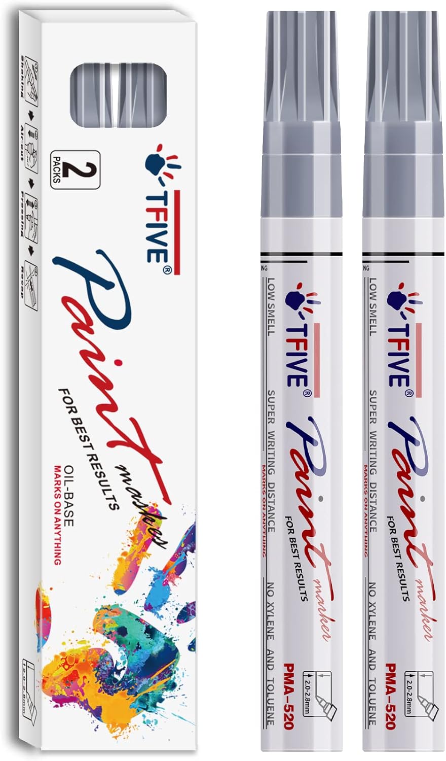 TFIVE Silver Permanent Paint Marker Pens - 2 Count Oil Based Marker Pen, Medium Tip, Waterproof & Quick Dry, for Office, Art, Rock Painting, Ceramic, Glass, Wood, Plastic, Metal, Canvas
