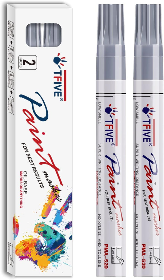TFIVE Silver Permanent Paint Marker Pens - 2 Count Oil Based Marker Pen, Medium Tip, Waterproof & Quick Dry, for Office, Art, Rock Painting, Ceramic, Glass, Wood, Plastic, Metal, Canvas