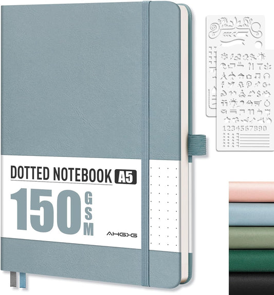 AHGXG Bullet Dotted Journal - 150 GSM Dot Grid Notebook Journal, Thick Acid-Free Paper, A5 Dotted Notebook 128 Pages, Leather Hardcover, Inner Pocket, Journal Stencil, 5.7'' × 8.3'' - Gray Blue