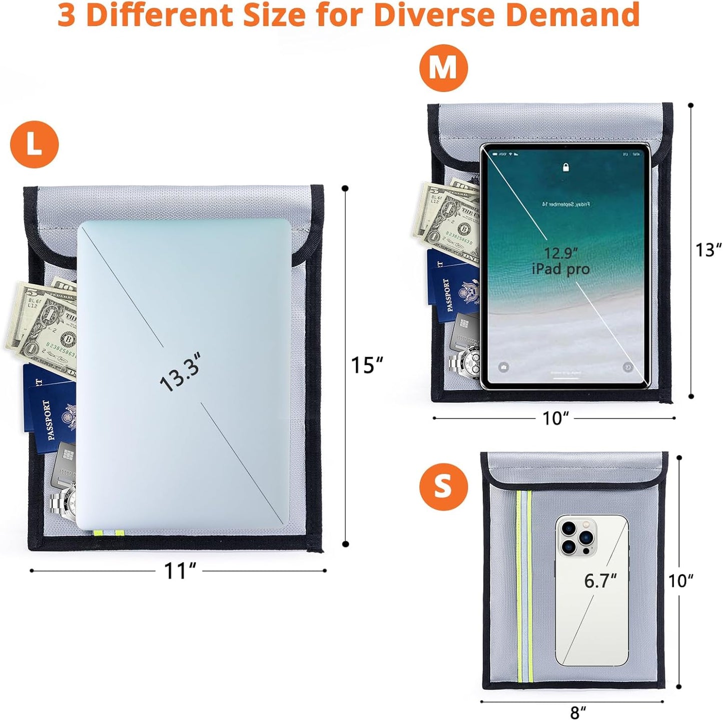 Fireproof Document Bag 3 Pack (15"x11", 13"x10", 10"x8") – Fireproof & Waterproof Money Bags with Zipper & Reflective Strip | Document Holder for Cash, Passports, Birth & Marriage Certificates