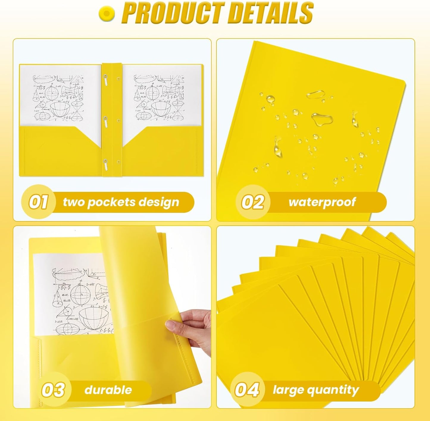 Lincia 100 Pcs Plastic Folders with 2 Pockets and Prongs for Office, School, Students, Teachers, Office Workers (Yellow)