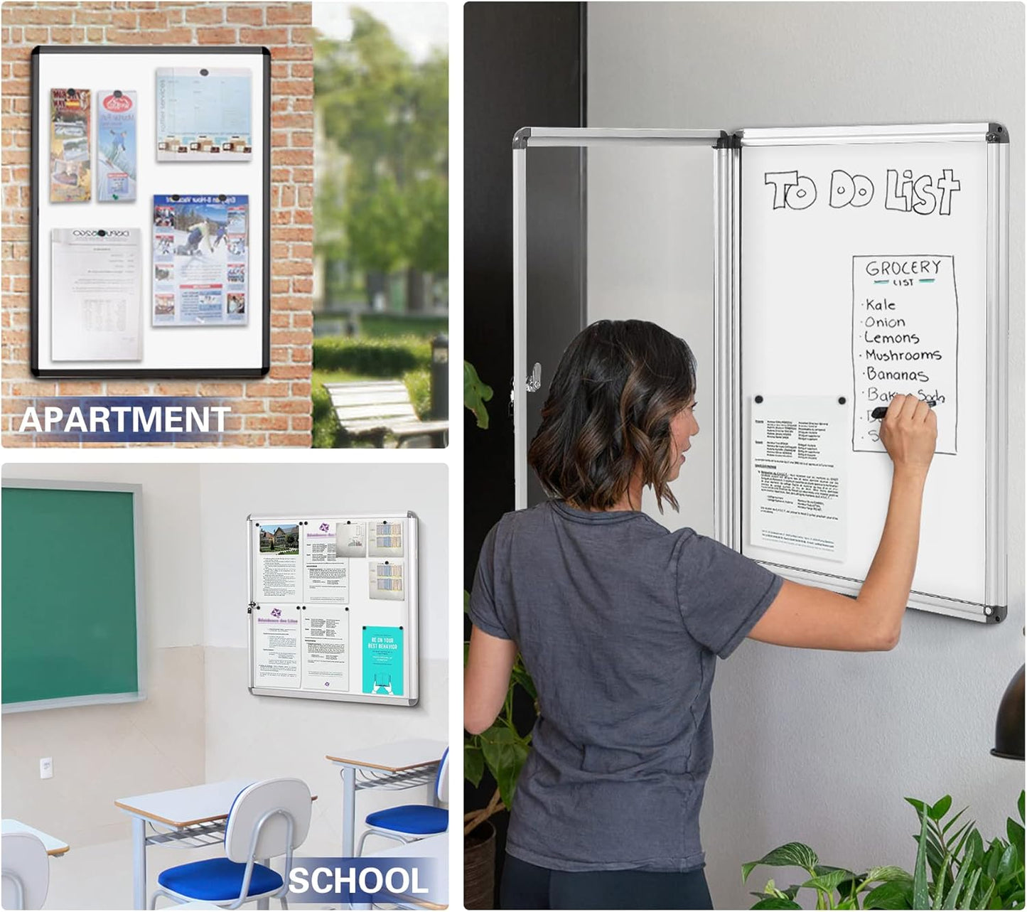 SWANCROWN Locking Bulletin Boards Enclosed Noticeboard White Glass Message Boards Indoor for School Office 38x28inch(9xA4)