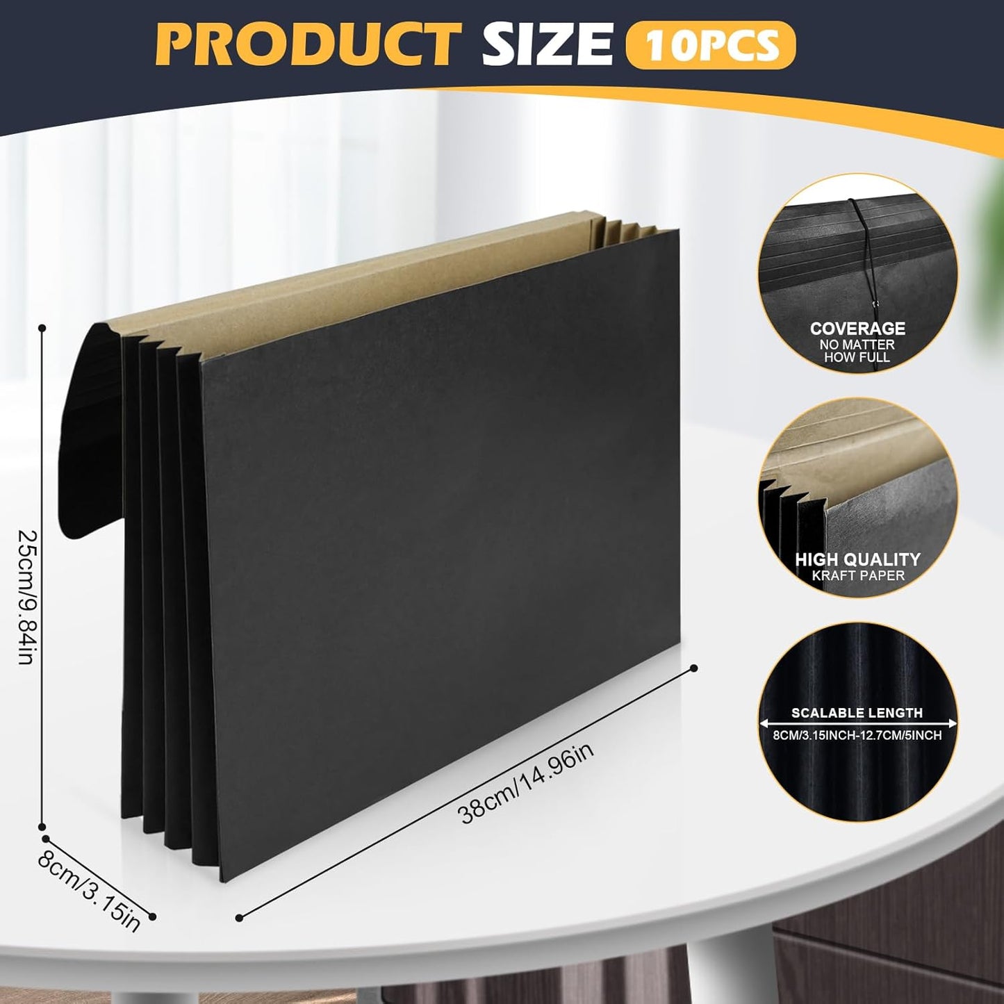 10 Pcs Accordion File Wallet Expanding File Folder with Flap and Cord Closure, 4 Inch Expansion, Letter Size Accordion Files Organizer, 10 x 15 Inches, Black