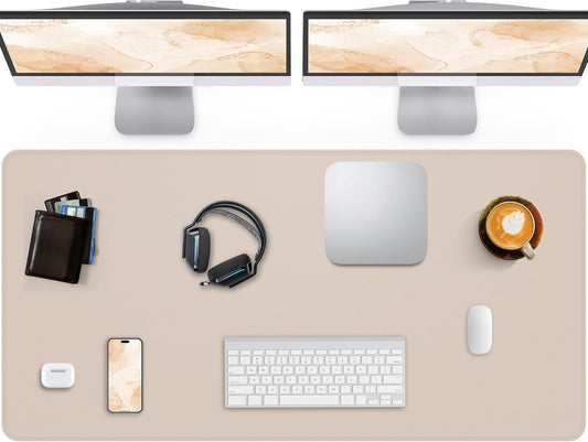 Extra Large Desk Pad Mat - Waterproof Mouse Pad & Desk Protector, Non-Slip XXL PU Leather Gaming Mat for Keyboard/Mouse, Stitched Edge with Ergonomic Support, 47.2"x23.6" (Beige)