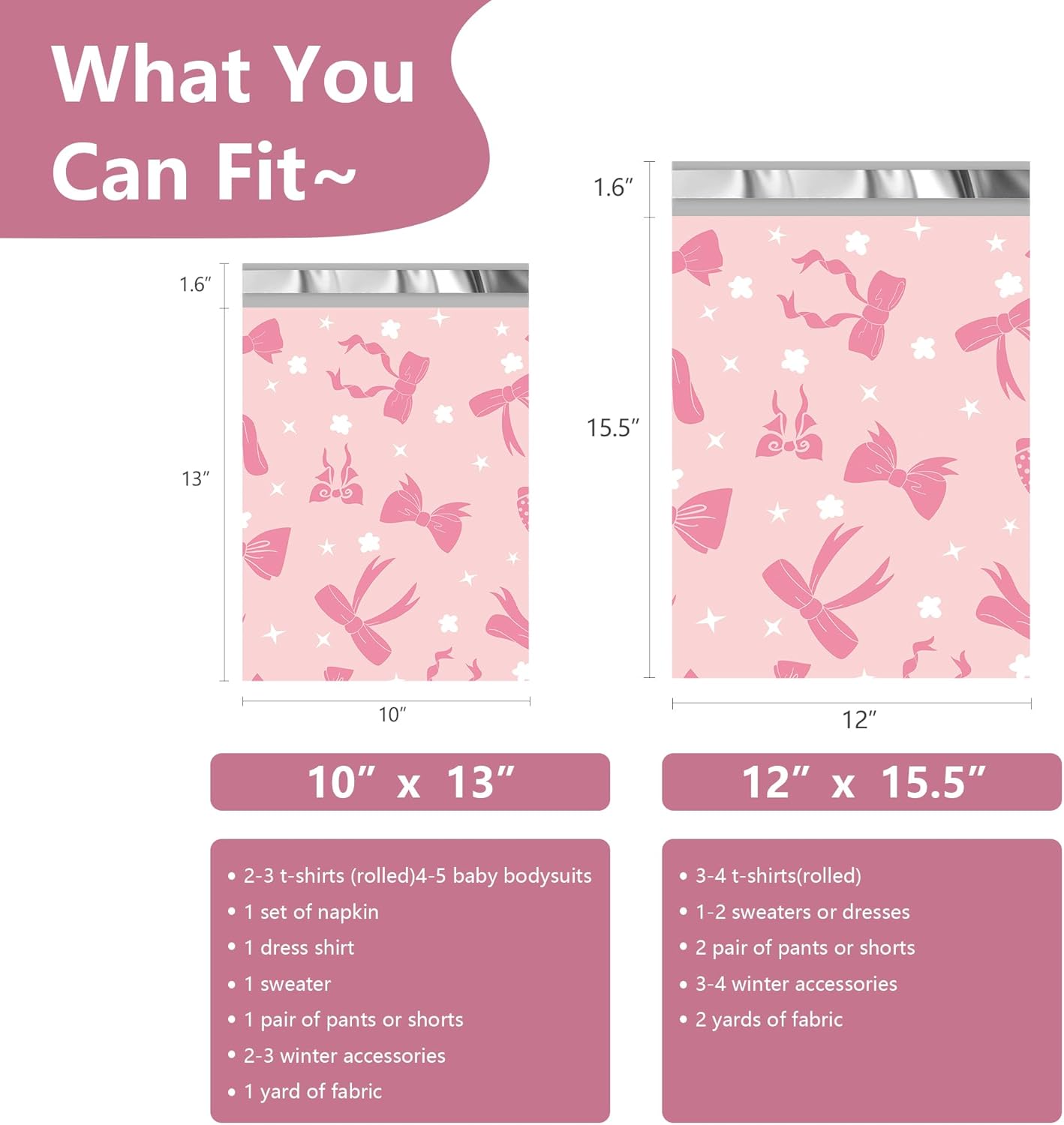 Poly Mailers 12x15.5 Inch 50 Pcs - Pink Bow printed Shipping Bags, 2.4mil Thickness, Waterproof and Tear Resistant Mailing Envelopes, Self-Sealing Packaging Bags for Small Business