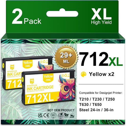 2PKS 712 Yellow Ink Cartridge (3ED69A, 29-ML) Used for HP DesignJet T650, T630, T250, T230, T210 & Studio Plotter Printers