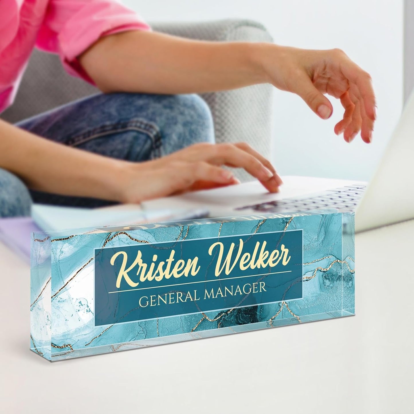 Name Plate for Desk, Desk Name Plate Personalized, Cyan Office Decor for Women Men, Acrylic Desktop Accessories, Office Gifts for Boss Nurse Teacher Coworker, Employee Appreciation Gift (Cyan Coast)