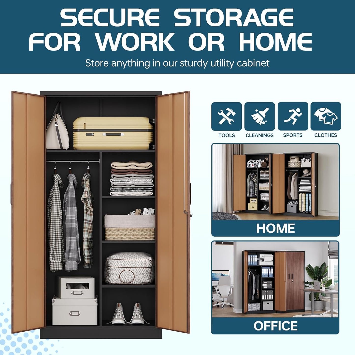 MIIIKO Metal Wardrobe Cabinet with Locking Doors, Metal Storage Armoire Closet for Clothing, 2 Door Woodgrain Locker Cabinet with Adjustable Shelves for Bedroom, Locker Room, Home Office and Garage…