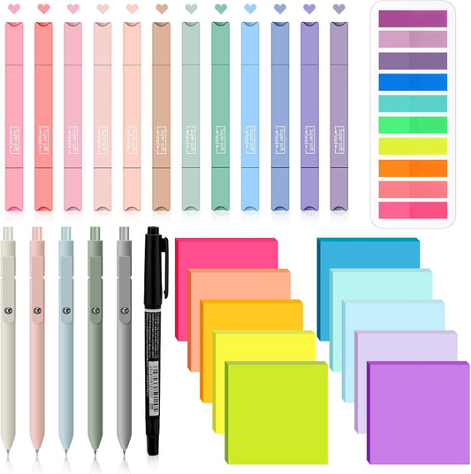 Jutom 38 Pcs Book Annotation Kit Aesthetic Highlighters Gel Pens Set Sticky Notes Tabs Markers Dual Ended Highlighter Quick Dry Ink Pens for Office Annotating Books(Rainbow,Square)