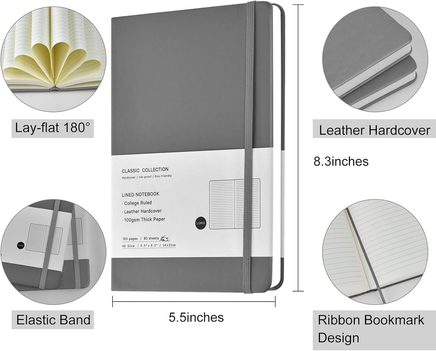 Coopay 24 Pack A5 Journal Notebooks Bulk, 160 Pages, 100GSM Thick Paper, 8.3 x 5.5 inch Hardcover Lined Leather Journals for Writing Office School Business,Bulk Notebook for Work Men Women(Gray)