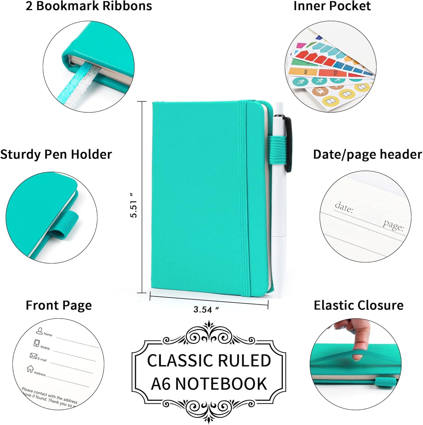 feela 6 Pack Pocket Small Notebooks Bulk, Mini Cute Memo Notepads Hardcover College Ruled Lined Journals with Pen Holder for Women Girls Office School, with 6 Black Pens, 3.5”x 5.5”, A6, Aqua