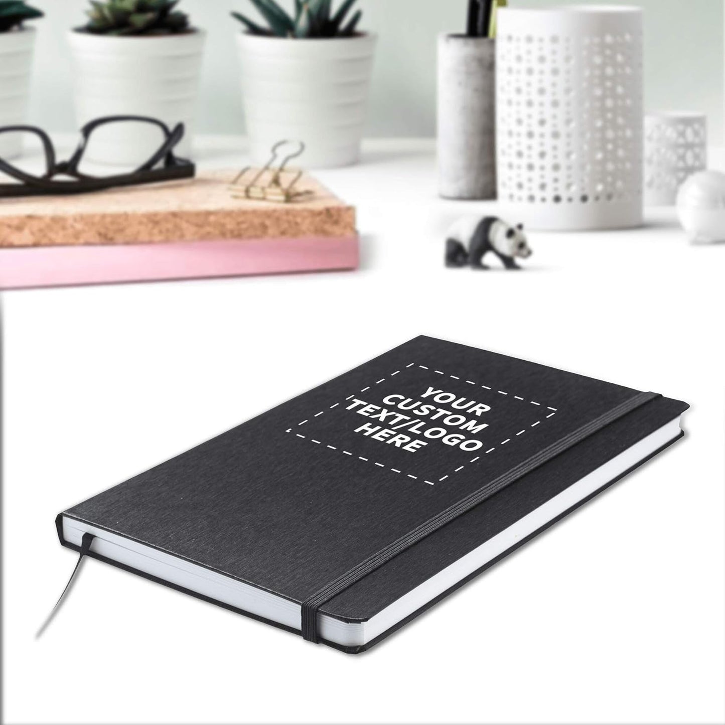 DISCOUNT PROMOS Custom Hardcover Notebook Journals with Elastic Colored Band Set of 24, Personalized Bulk Pack - Perfect for School, Office, Home - Black