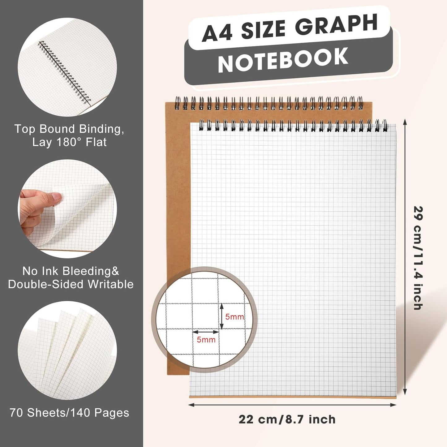 2 Pack Top Spiral Graph Paper Notebooks 8.7 X11.4 Inch A4 Grid Paper Notepad 70 Sheet Memo Steno Pad for Engineering Writing Sketching Drawing School Office Supplies (Kraft)