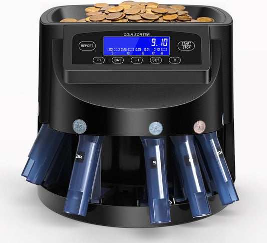 Coin Counter and USD Coin Sorter with LCD Display, Automatic Change Counter for 1￠ 5￠ 10￠ 25￠ $1, 270 Coins/min, 300-Coin Capacity, Coin Sorter and Wrapper Machine for Fast & Accurate Sorting