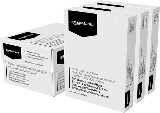 Amazon Basics Multipurpose Copy Printer Paper, 20 lb, 8.5 x 11 Inches, 3 Reams (1,500 Sheets), 92 Bright, White