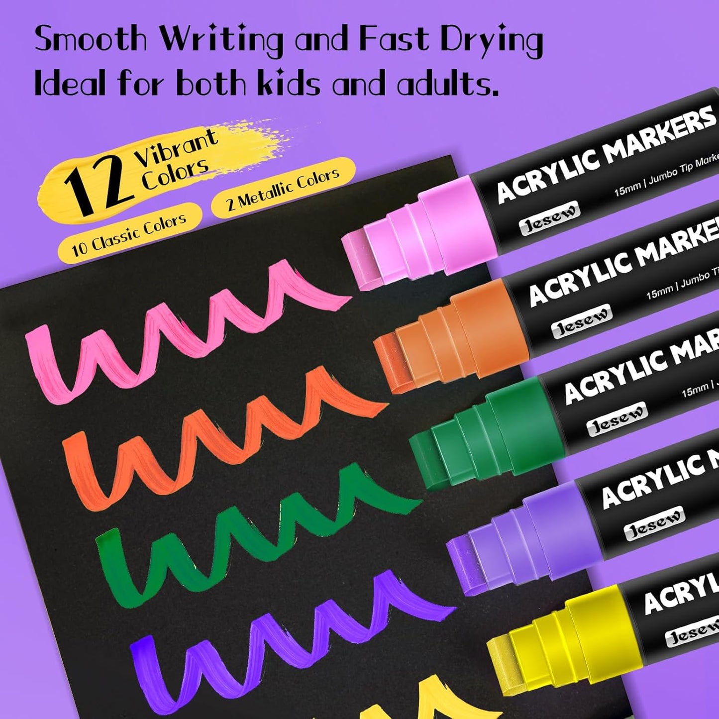 Acrylic Paint Markers, 12 Colors Jumbo Markers, 15mm Jumbo Felt Tip, Waterproof and Permanent Ink Paint Pens for Rock Painting, Stone, Ceramic, Glass, Wood, Canvas, Poster, Signs