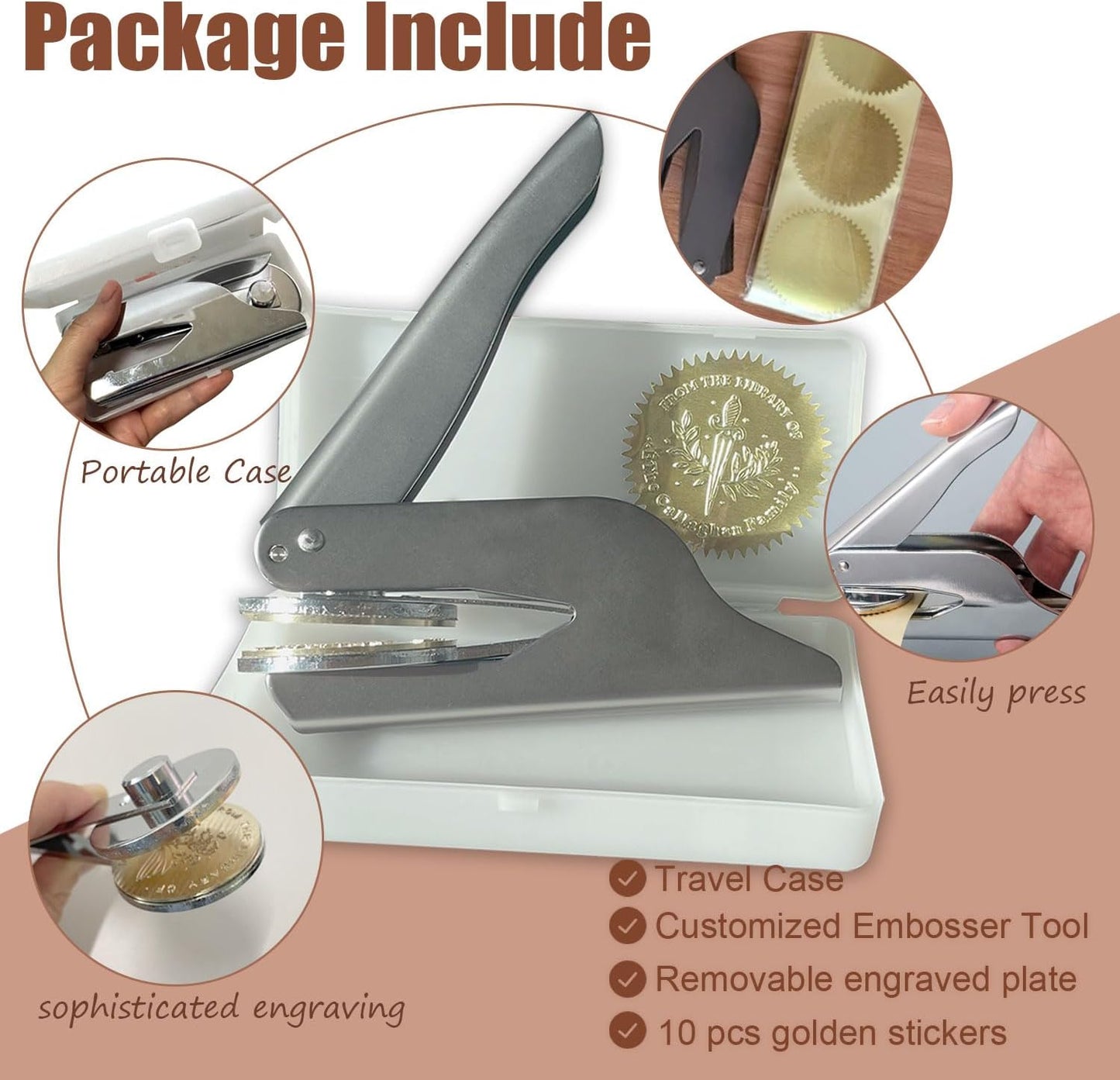 Custom Book Embosser Stamp Personalized for Book Lover, Personal Stamp Gift for Book, Ex Libris, Envelop, Sticker, Wedding Invitation, Embossing Stamp Includes 10pcs Stickers (Black)