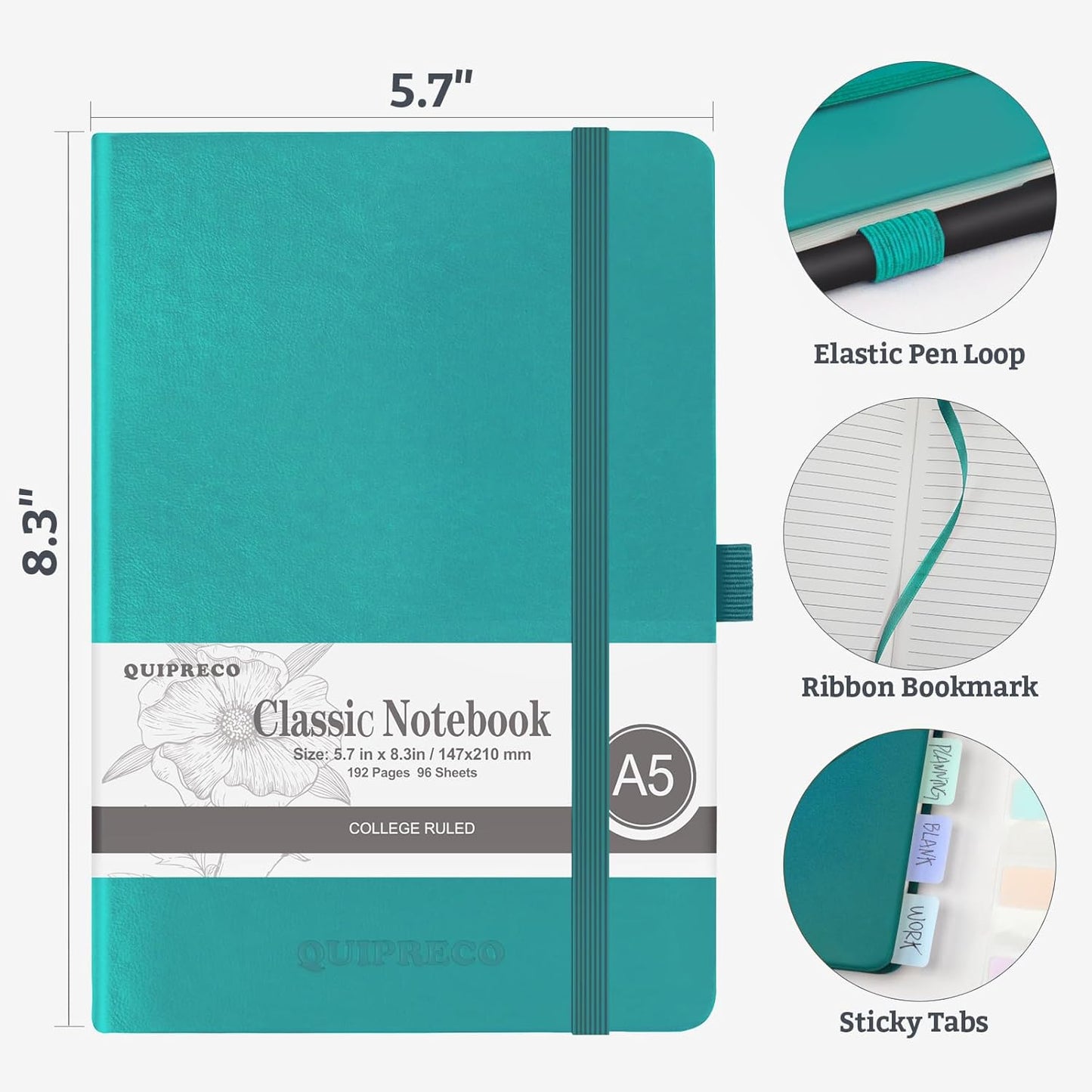 Hardcover Lined Bullet Dotted Journal Notebook, A5 140 192 Pages 100 120Gsm Paper College ruled for School,Work,Travel,and Daily Planning，5.7''*8.3'' (12, Turquoise, A5 Lined)