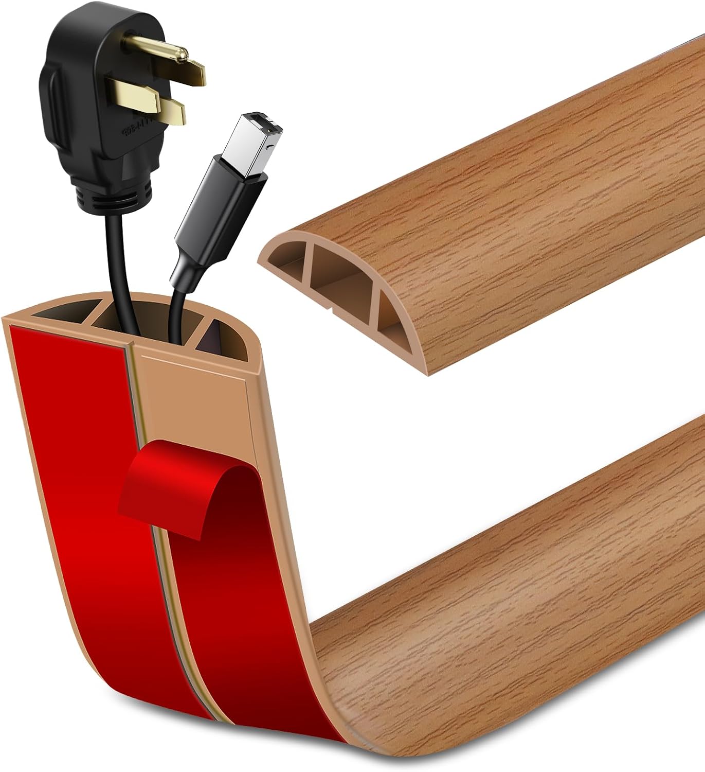 Floor Cord Cover Self Adhesive Cord Hider Floor Extension Cord Covers for Floor Power Cord Protector Cable Management Prevent Cable Trips Cable Cavity 0.59" W x 0.31" H (Light Brown Wood, 3.3Ft)