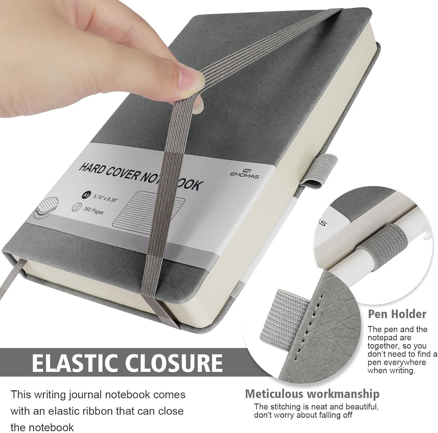 Lined Journal Notebook, 360 Numbered Pages(With page number), Thick Journal for Writing A5 College Ruled Notebook, 100gsm Lined Paper, Leather Hardcover, 5.75'' X 8.38''-Wall Gray