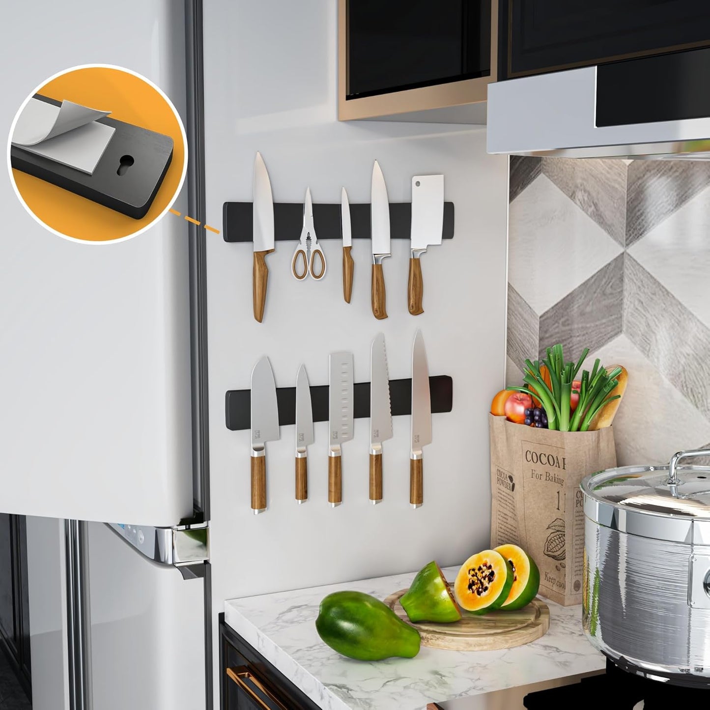 Magnetic Knife Holder for Wall, Acacia Wood Knife Magnetic Strip No Drill Knife Magnet Storage Bar Magnetic Tool Key Holder Strip for Kitchen Utensil Organizer (Black, 16 Inch)