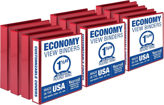 Samsill 1.5 Inch 3 Ring Binders, Made in USA, Economy Round Ring, Clear View Cover, 325 Sheet Capacity - for School, Home, Office - Red, 12 Pack