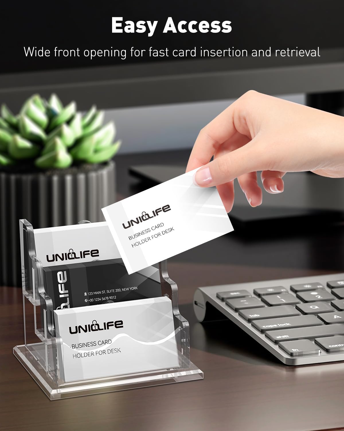 Uniclife Acrylic Business Card Holder for Desk 3 Slots Clear Horizontal Business Card Display Stand for Men & Women Desktop Name Card Organizer Card Stand for Office Home Exhibition, 180 Card Capacity