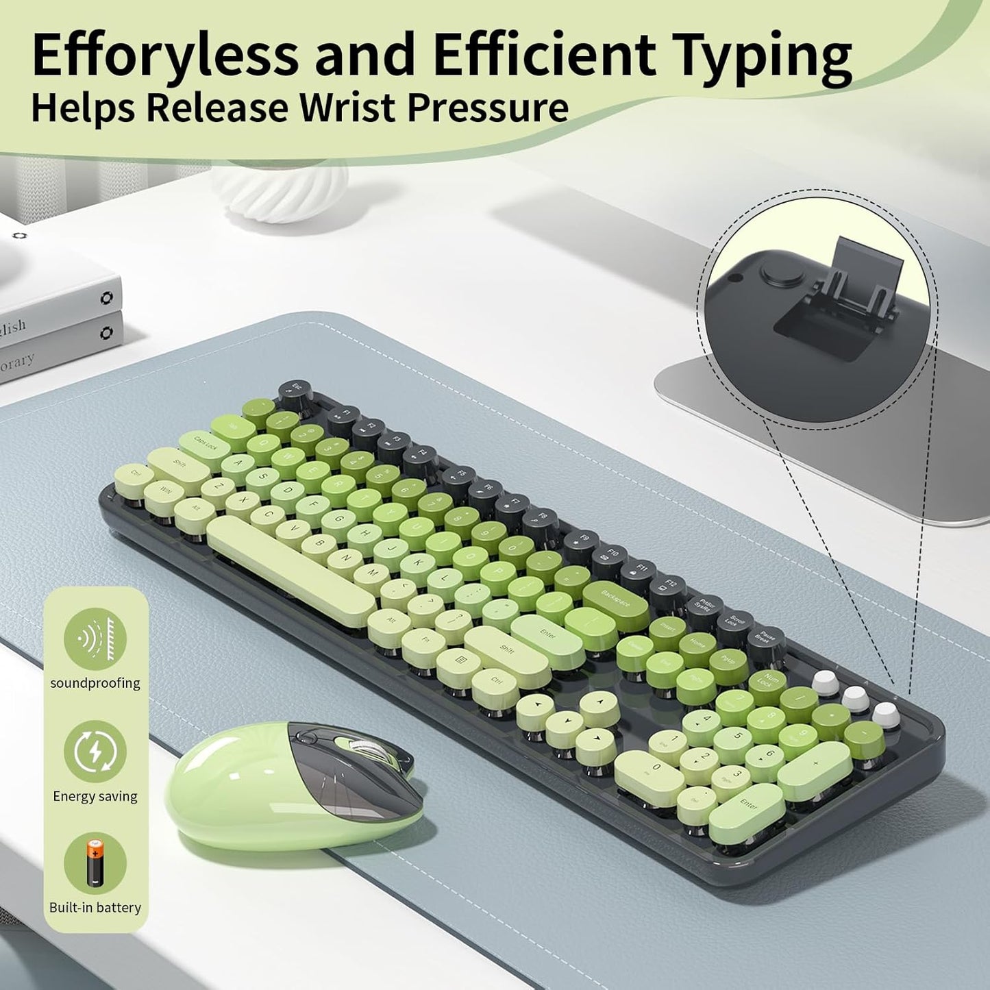 Wireless Keyboard and Mouse, MOFII 104 Round Keycaps Retro Typewriter with OTG & Brush, Full-Size Ergonomic, Ideal for Windows PC, Home, Office and College Gray Green