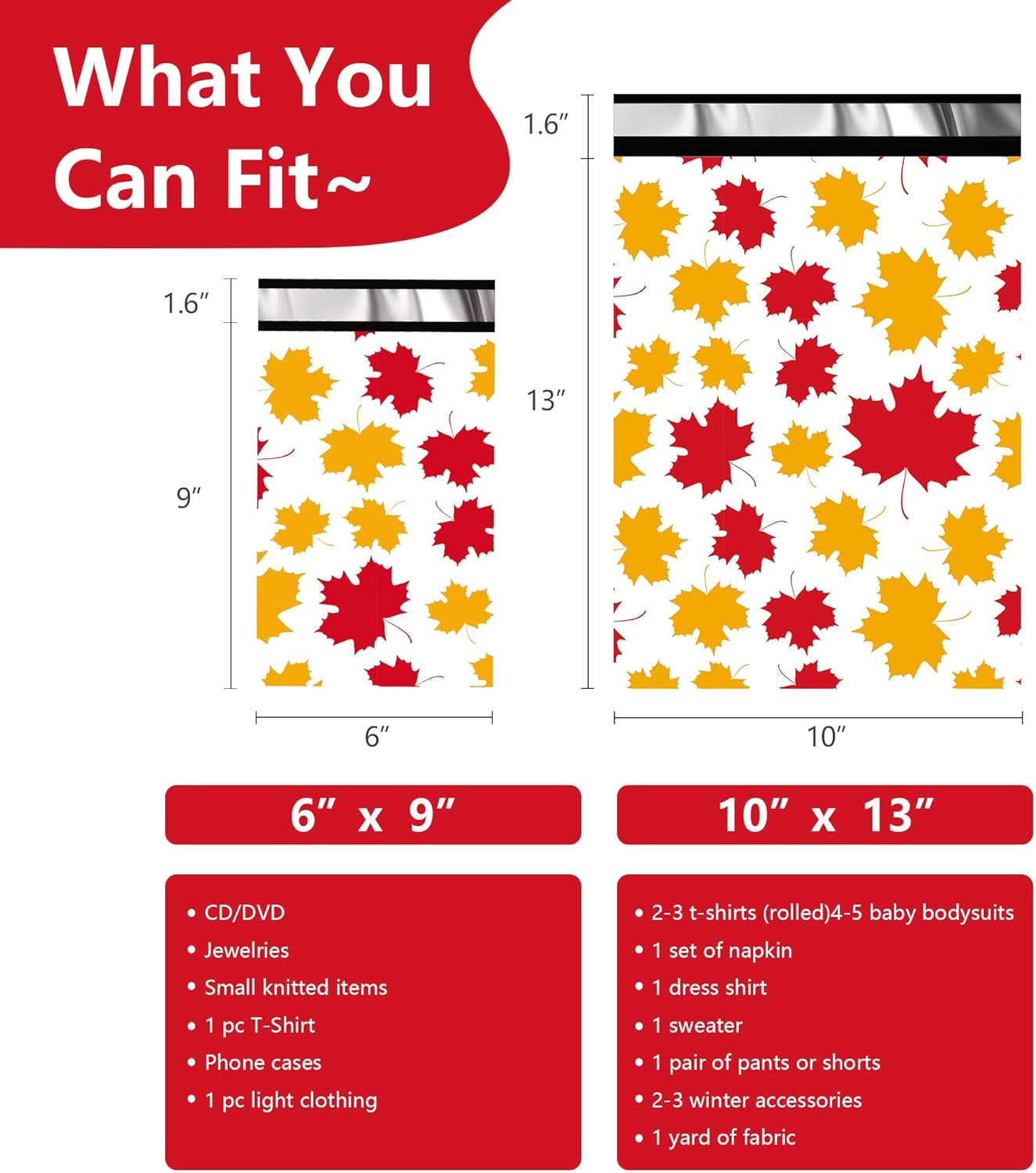 Poly Mailers 6x9 Inch 100 Pcs - Maple Leaf printed Shipping Bags, 2.4mil Thickness, Waterproof and Tear Resistant Mailing Envelopes, Self-Sealing Packaging Bags for Small Business