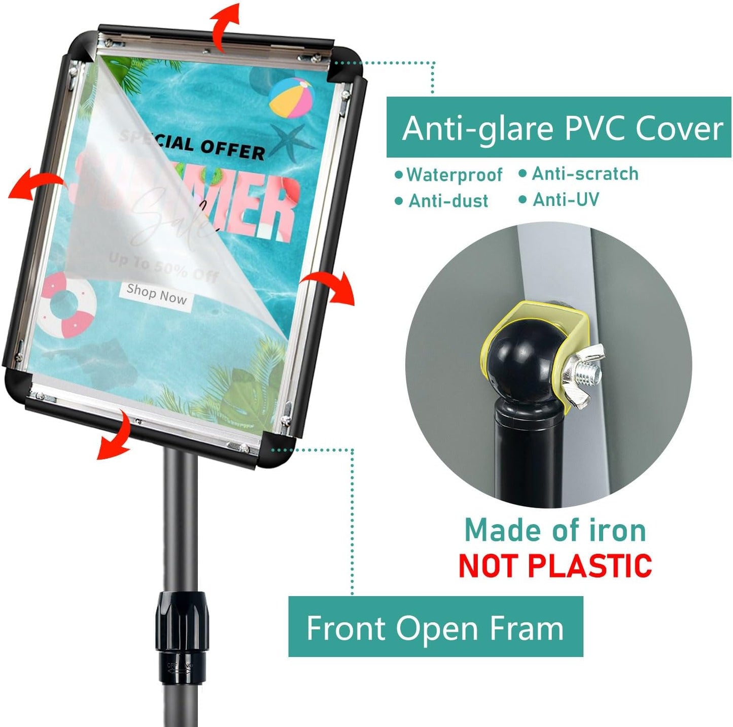 Adjustable Sign Holder Stand for Display, Pedestal Floor Poster Stand Sign Holder 8.5x11 inch, Snap Frame for Vertical and Horizontal View, Standing Sign Holder for Business Mall, Black