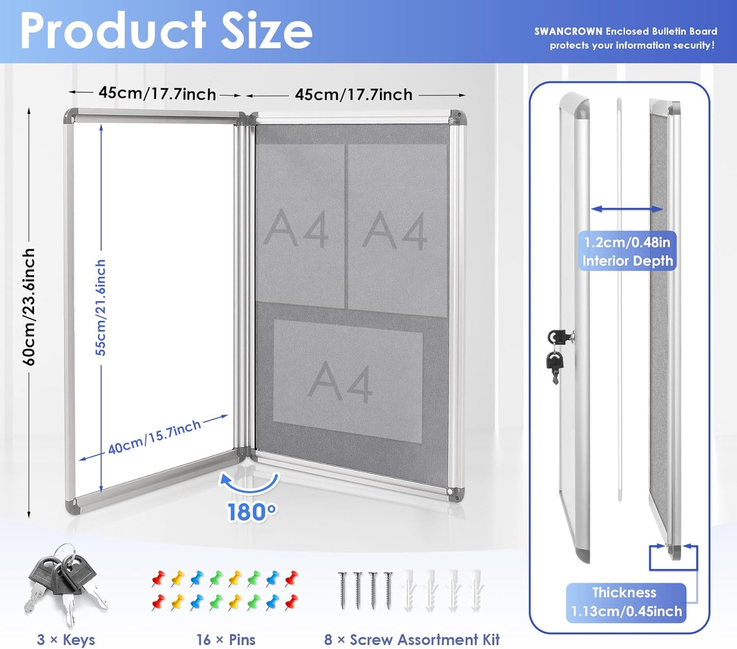 SWANCROWN Enclosed Bulletin Board 24x18 in, Tamperproof Lockable Grey Felt Board Wall Display Case for Office School Home, Aluminum Frame