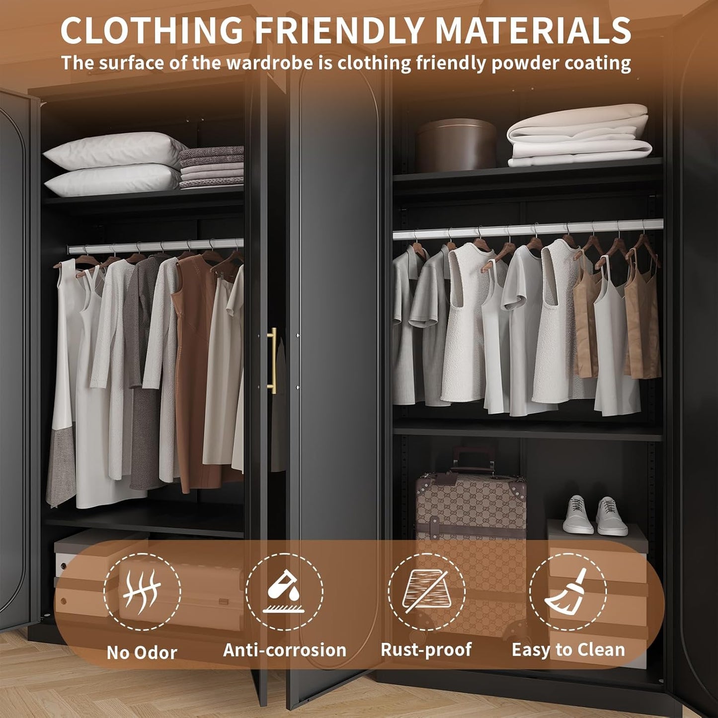 Metal Armoire Wardrobe Closet with Doors and Shelves, 71" Tall Wardrobe Closet with Hanging Rod, Freestanding Clothes Cabinets, Large Wardrobes for Bedroom, Black, Assembly Required