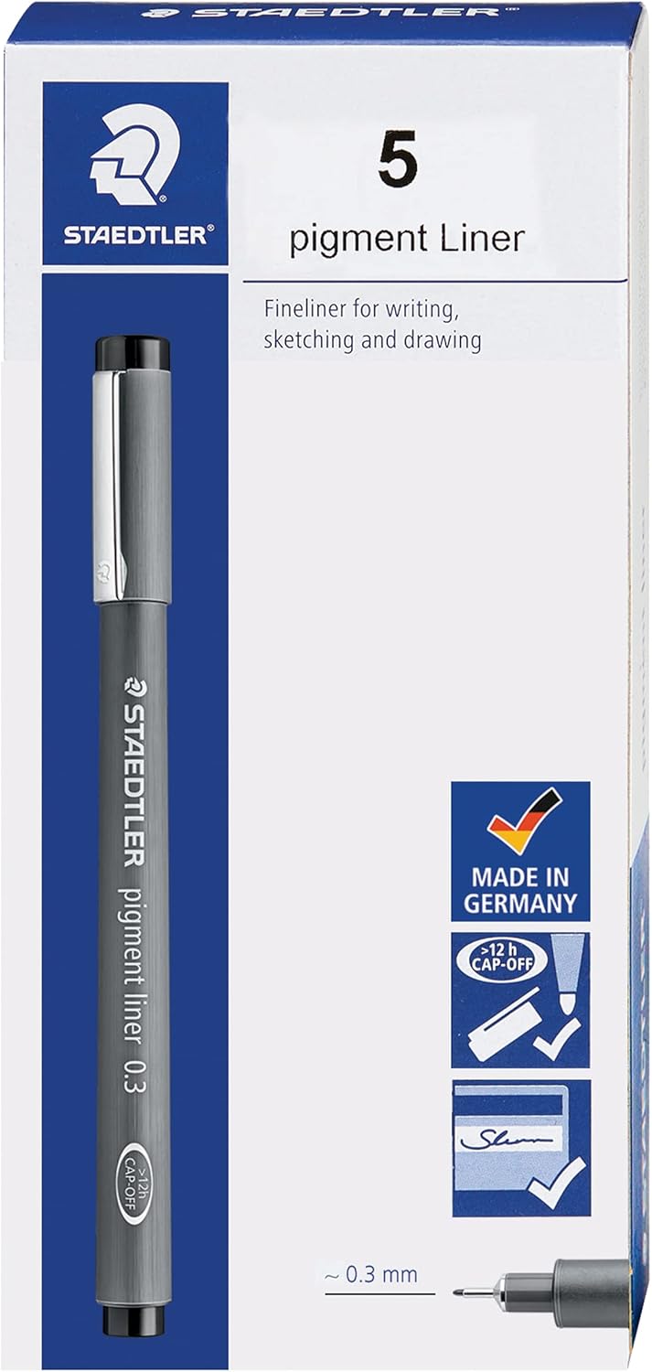 STAEDTLER Pigment Liner, Fineliner Pen for Drawing, Drafting, Journaling, 0.3mm, Black, Box of 5 Pens, 308 03-9M