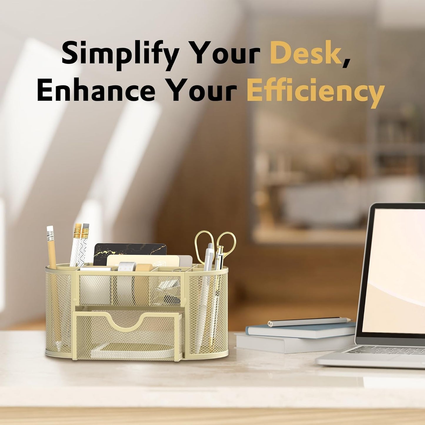 SUPEASY Mesh Desk Organizer, Desk Accessories & Workspace Organizers with Drawers, Pencil Holder for Desk with 9 Compartments for Office Suppliess, 8.6 x 4.3 x 4.1 Inch, Yellow