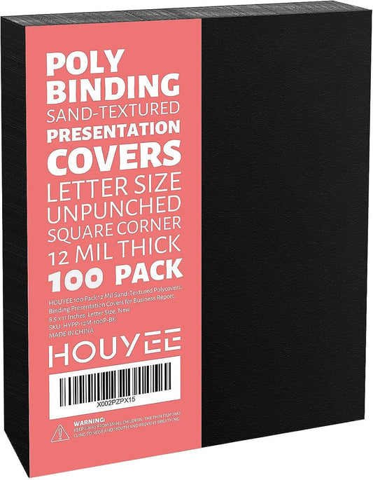 HOUYEE 100 Pack 12 Mil Poly Binding Covers,Sand Texture Binding Presentation Covers,8.5x11 Inches,Letter Size,Black,Square Corners,Un-Punched